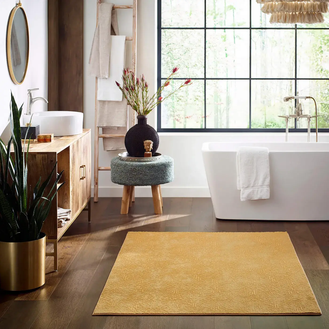 Boho-Chic-Bathroom-Vintage-Revival-CC77B-00250-Exquisite-FH820-7054-Cascade-BATHROOM-H A vibrant yellow Shaw Floors area rug | TUF Flooring LLC